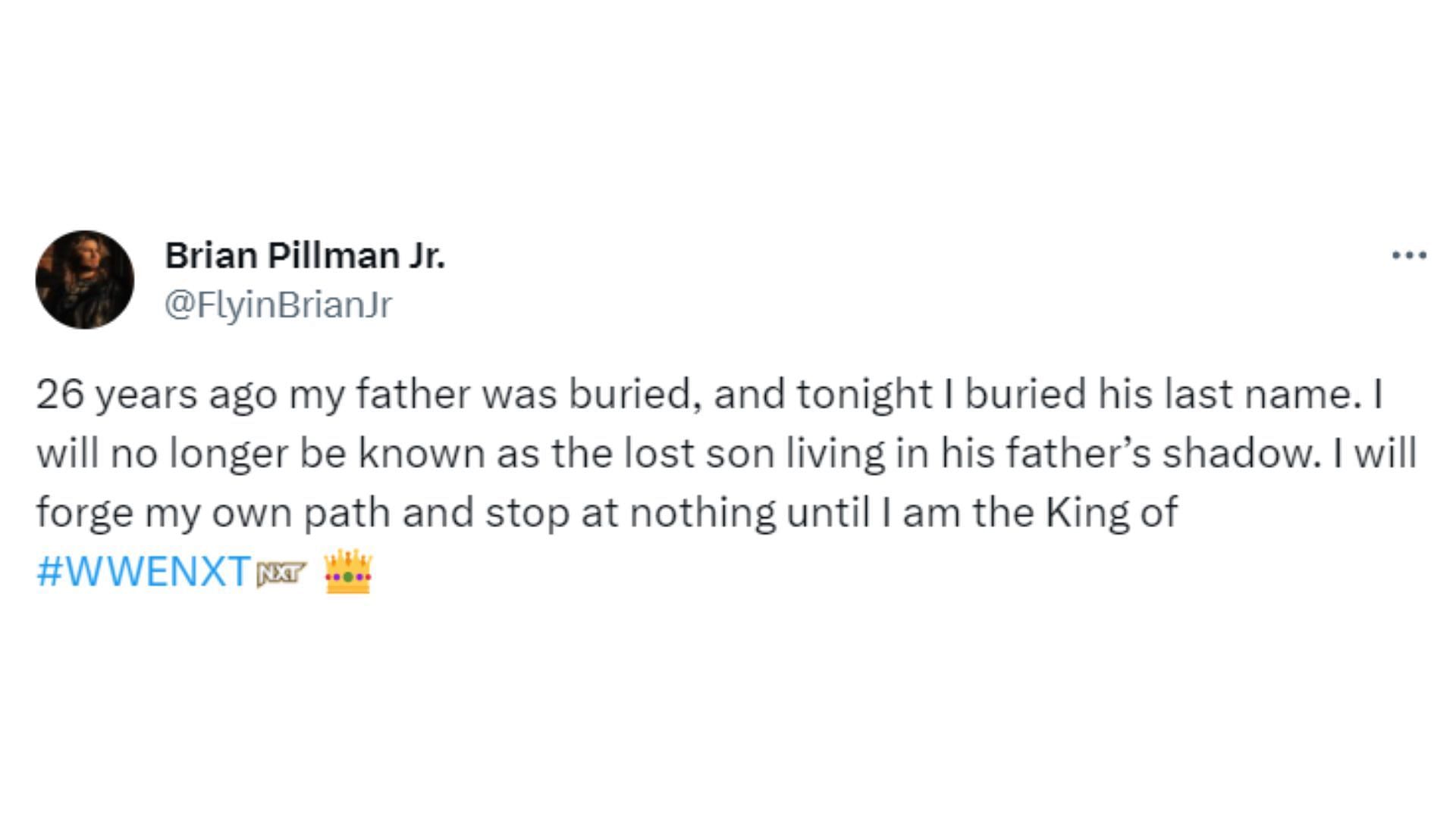 Brian Pillman Jr.'s tweet after the show
